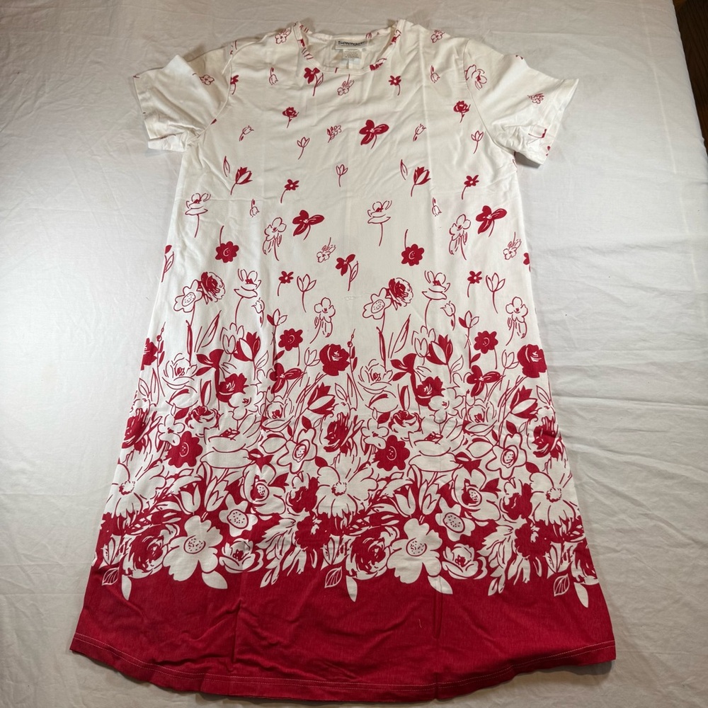 Serengeti White & Red Floral XL Maxi Dress Short Sleeve Women’s A-Line Pullover - Picture 2 of 15